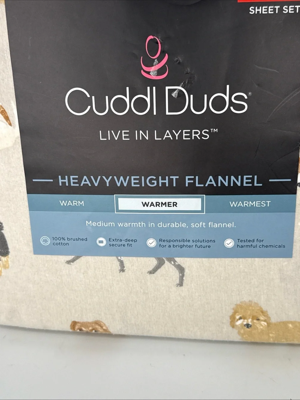 $90 Cuddl Duds Flannel DOG Doodle QUEEN Sheet Set Neutral Dogs Print 17